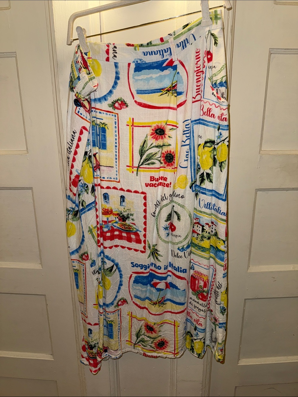 White A-Line Printed Maxi Skirt with Lemon & Coastal Motifs